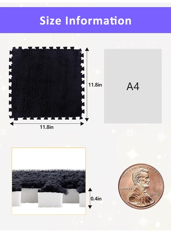 6 Pcs Plush Foam Floor Mat Square Interlocking Carpet Tiles with Border Fluffy Play Mat Floor Tiles Fluffy Area Rugs Square Soft Climbing Area Rugs DIY Floor Crawling Mat Tiles for Home Playroom Decor (Black) - Image 2